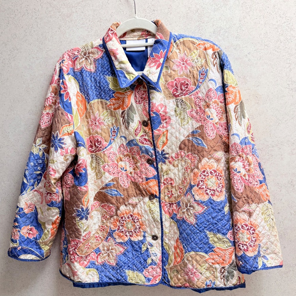 Alfred Dunner 14 Womens Quilted Silk Floral Print Lined Boho Button Up Jacket‎